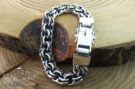 Men's massive silver bracelet, weaving "Bismarck" of silver with blackening